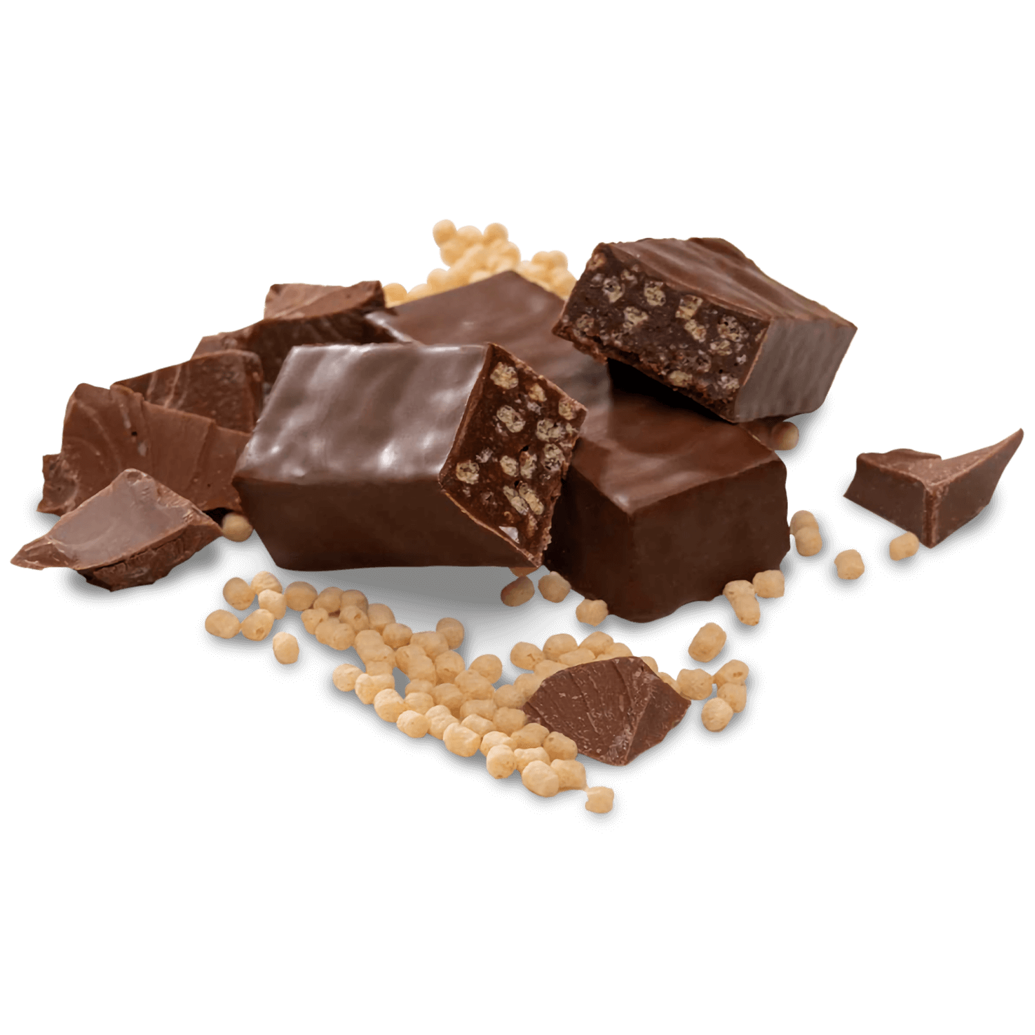 Delicious protein bars covered in chocolate, with crispy pieces, perfect for a nutritious snack.